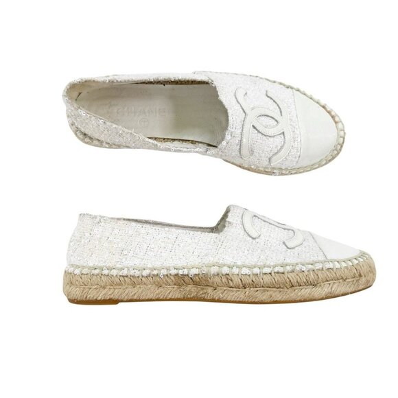 Chanel Tweed Sequin Logo Cap Toe Espadrilles Cream Size EU37 - Picture 3 of 16